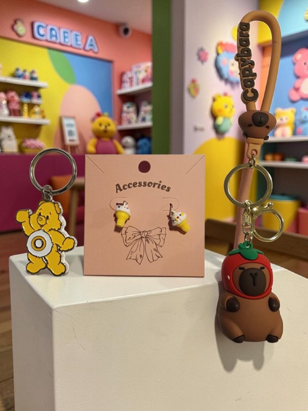 Kawaii Accessory Trio — Capybara Keychain • Ice Cream Earrings • Care Bear Charm